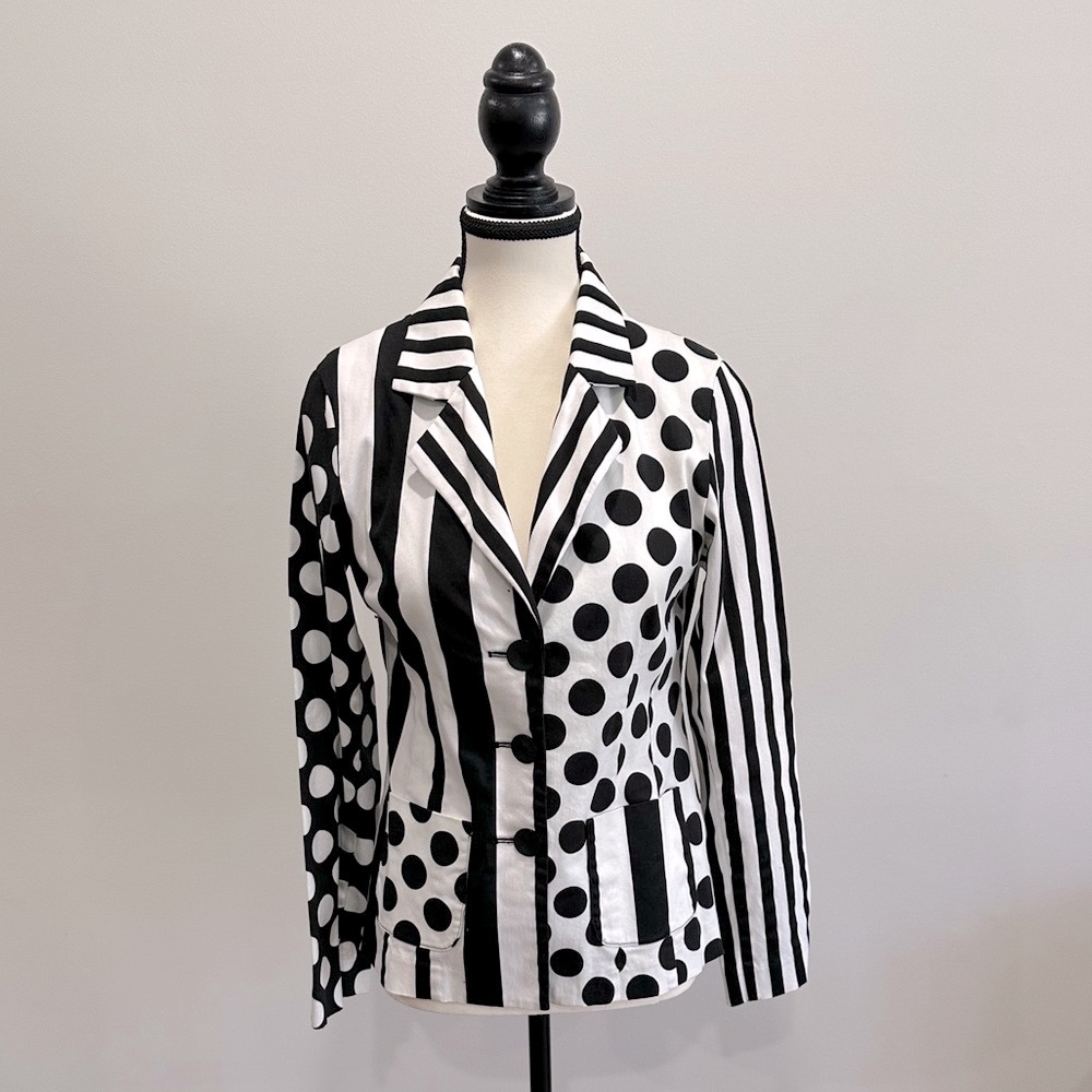 Black and White Asymmetrical Blazer with Notched Lapel
